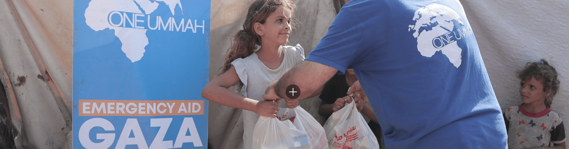 Gaza emergency aid pack on an older man’s back with destruction in the background.